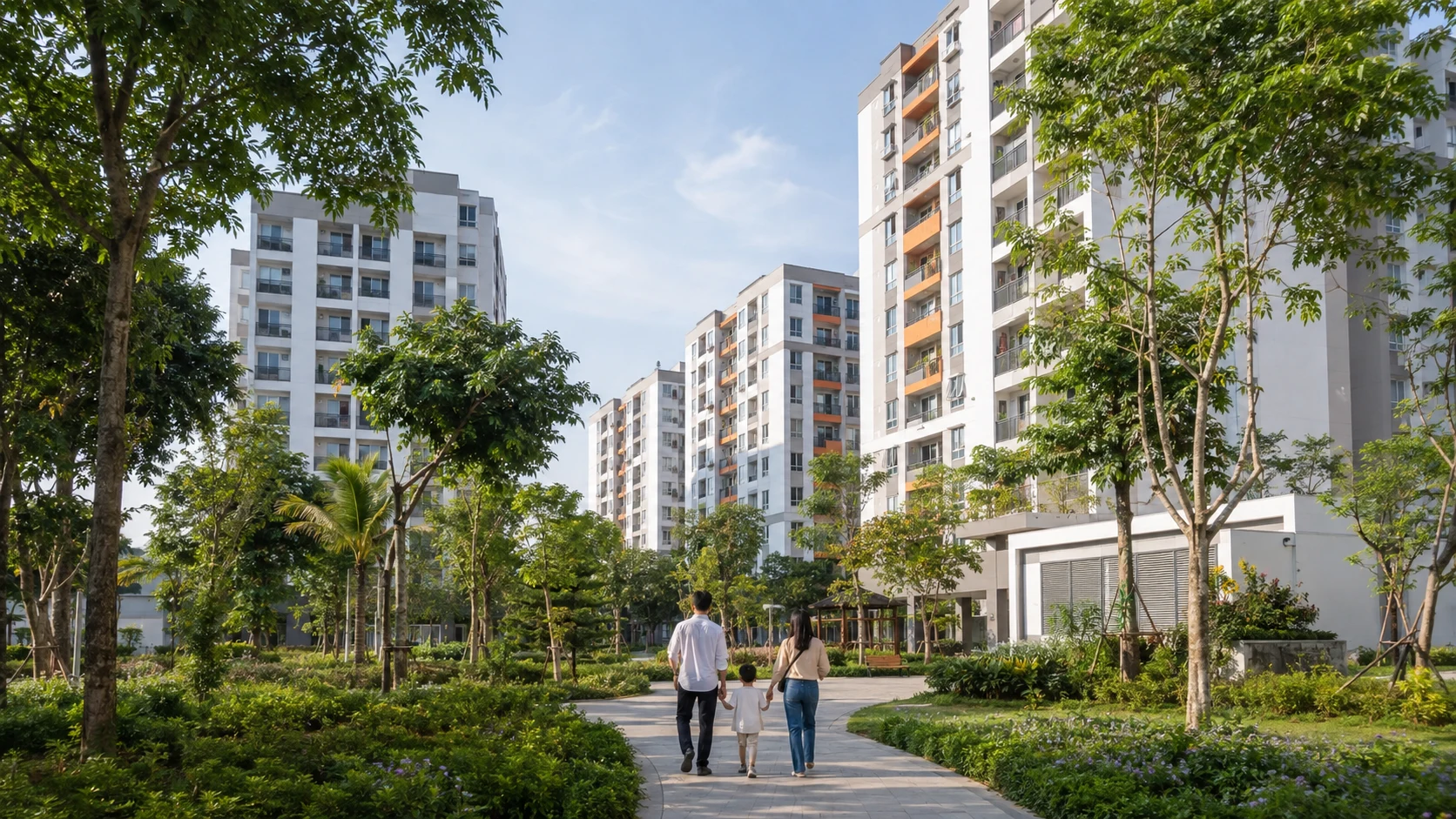 Minh họa AI khoảng xanh và đường dạo giữa các khối nhà